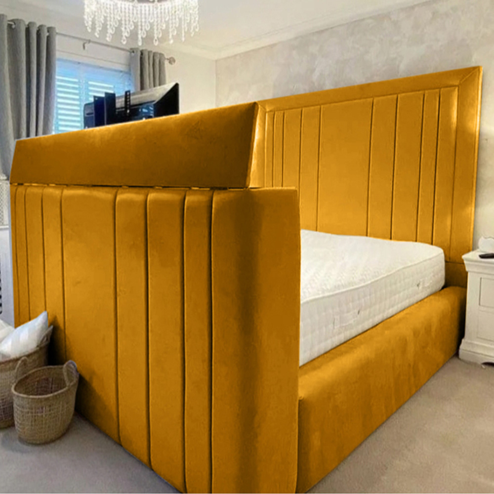 Eleganza Home Genna King Size Mustard Plush Velvet TV Bed Frame with Lined Headboard Image 1