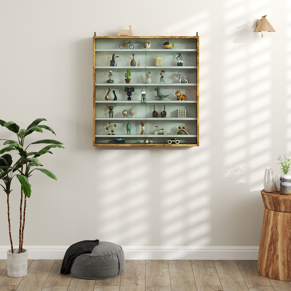 HOMCOM 7 Shelf Rustic Brown Wall Display Cabinet Image 3