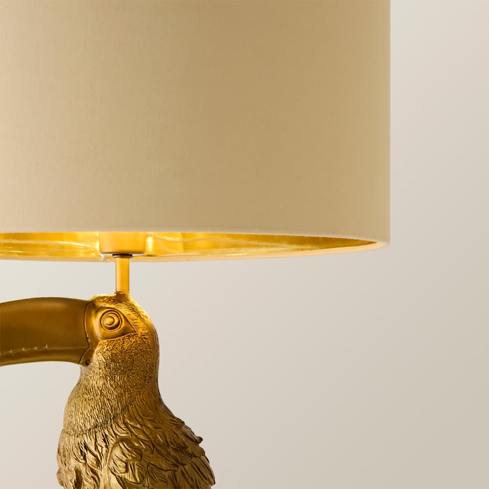 ValueLights Tuki Toucan Gold and Beige Velvet Shade Brushed Bronze Table Lamp with Bulb Image 4