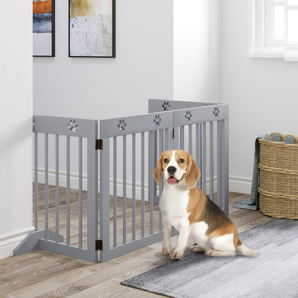 PawHut Grey 4 Panel Wooden Folding Pet Safety Gate with Support Feet Image 2