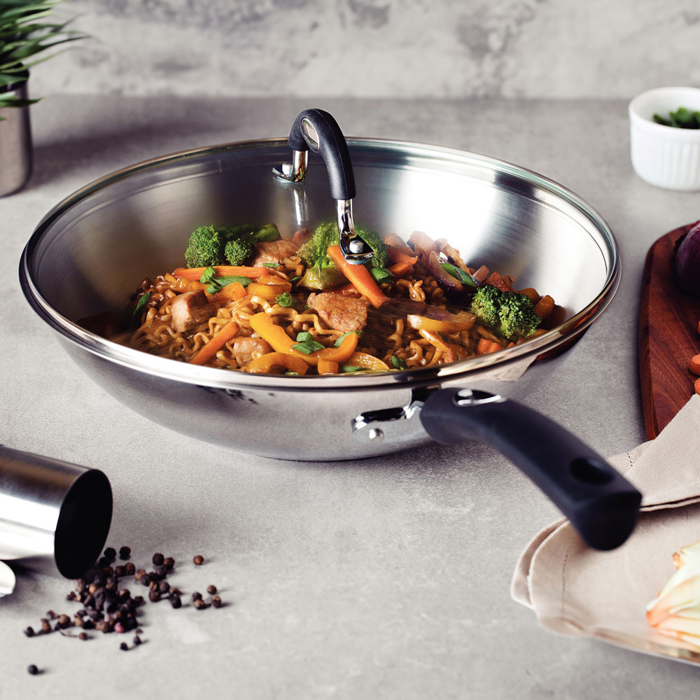 Tramontina 28cm Stainless Steel Wok with Glass Lid Image 4