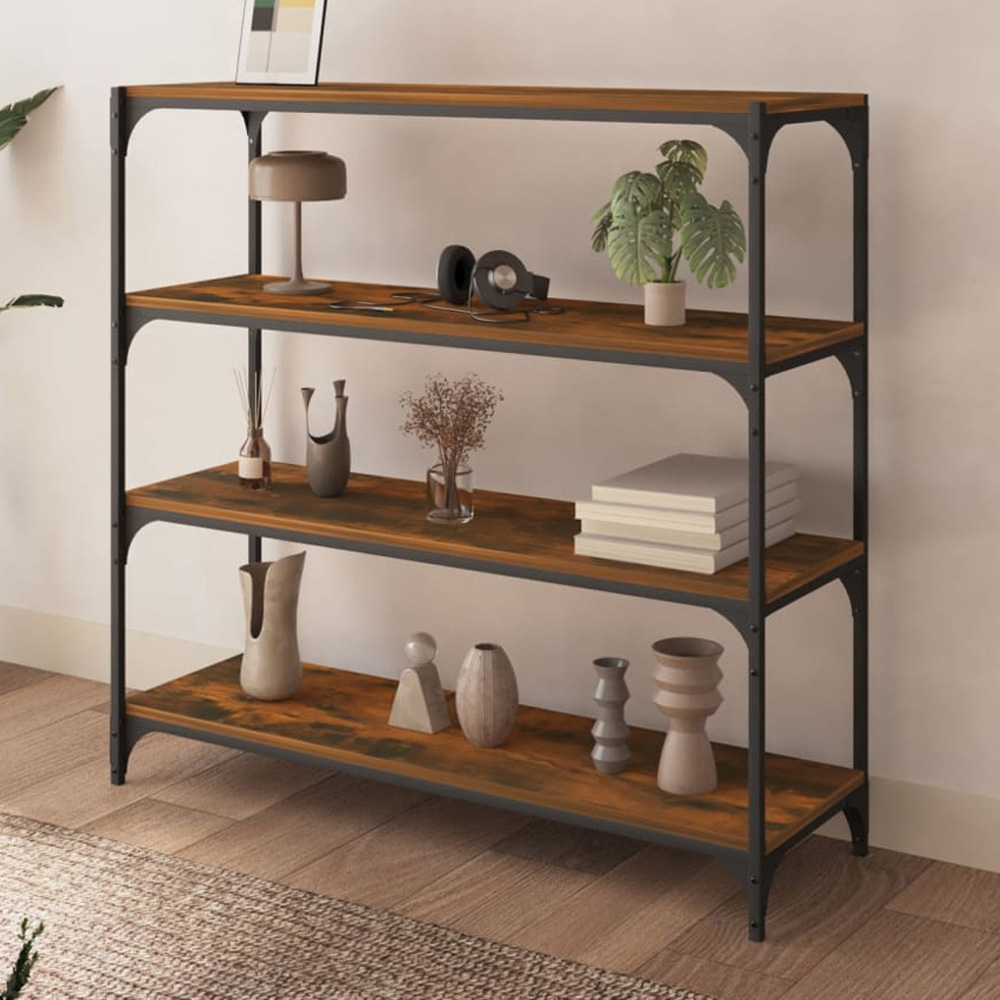 vidaXL 4 Shelf Smoked Oak Wood and Steel Wide Bookcase Image 1