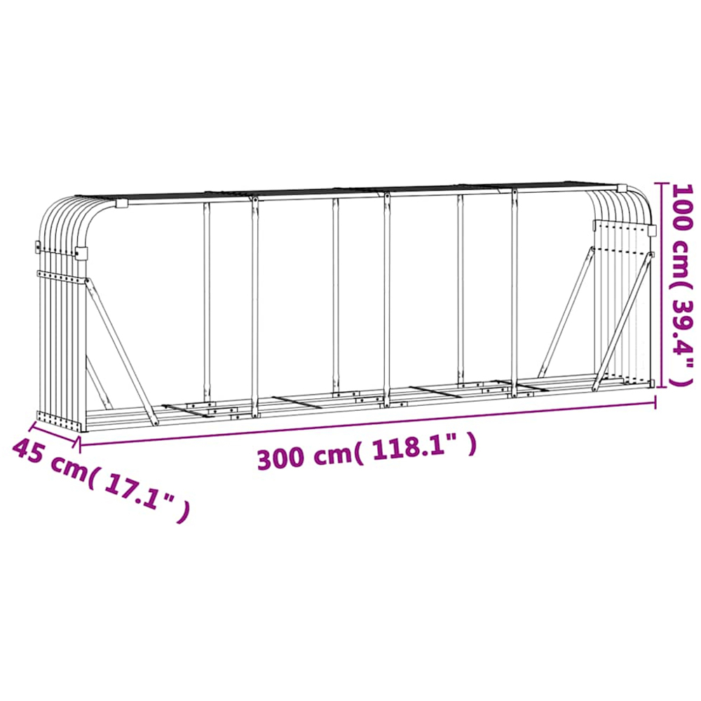 vidaXL Silver Galvanised Steel Firewood Log Holder 100 x 300 x 45cm Image 7
