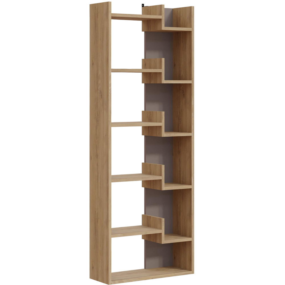 Decortie Oppa 11 Shelf Oak Mocha Grey Asymmetric Bookcase Image 2