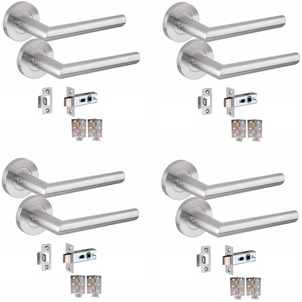 Golden Grace Mitred Satin Nickel Door Handle Pair with Tubular Latch Hinges 52mm 4 Pack Image 1
