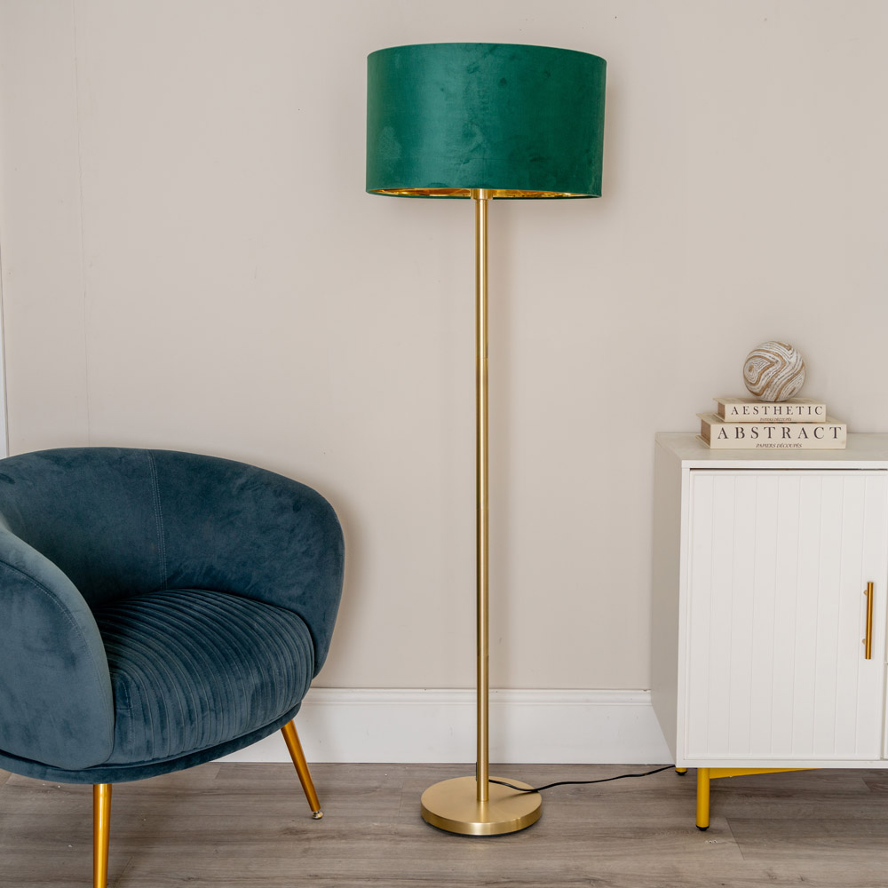 ValueLights Charlie Green Velvet and Metallic Shade Gold Floor Lamp and Bulb Image 2