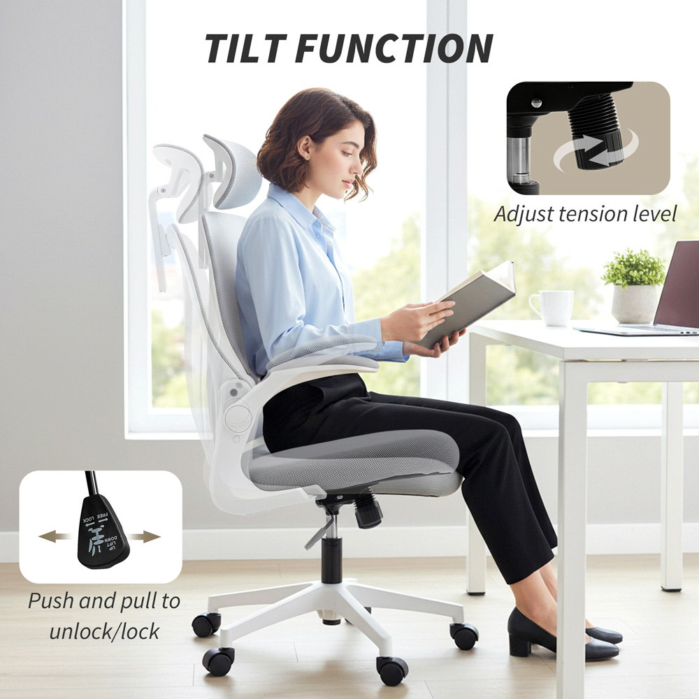Portland Grey Mesh Height Adjustable Foldable Ergonomic Swivel Office Chair with Headrest Image 4