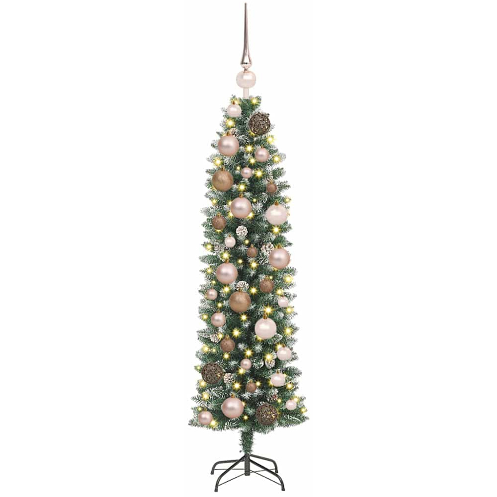 vidaXL Pre-Lit Rose Gold Baubles Green and White Artificial Slim Christmas Tree 4ft Image 1