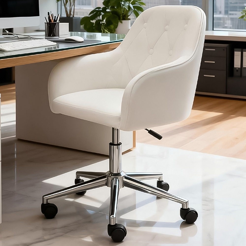 Alivio White Velvet Height Adjustable Swivel Tufted Office Chair with Wheels Image 1