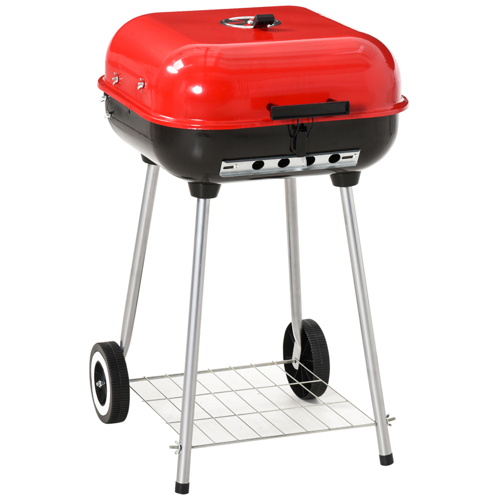 Outsunny Red and Black Charcoal Trolley BBQ Grill with Lid Image 1