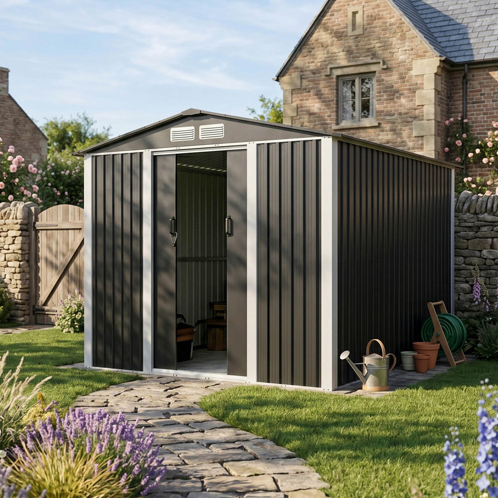 Living and Home 8 x 10ft Black Metal Apex Garden Storage Shed Image 4