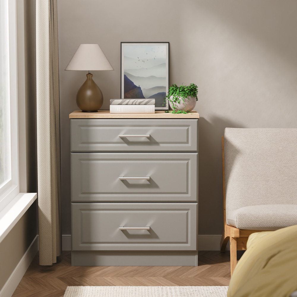 Crowndale Kent 3 Drawer Dusk Grey and Bardolino Oak Deep Chest of Drawers Ready Assembled Image 7