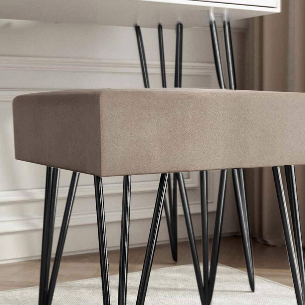 CARME Home Olivia Dove Grey Velvet Padded Stool with Black Hairpin Legs Image 3