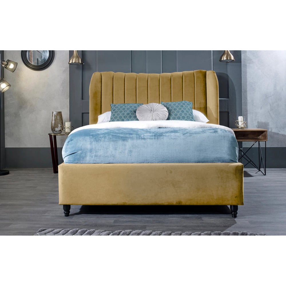 Eleganza Home Carli King Size Beige Plush Velvet Bed Frame with Lined Headboard Image 3