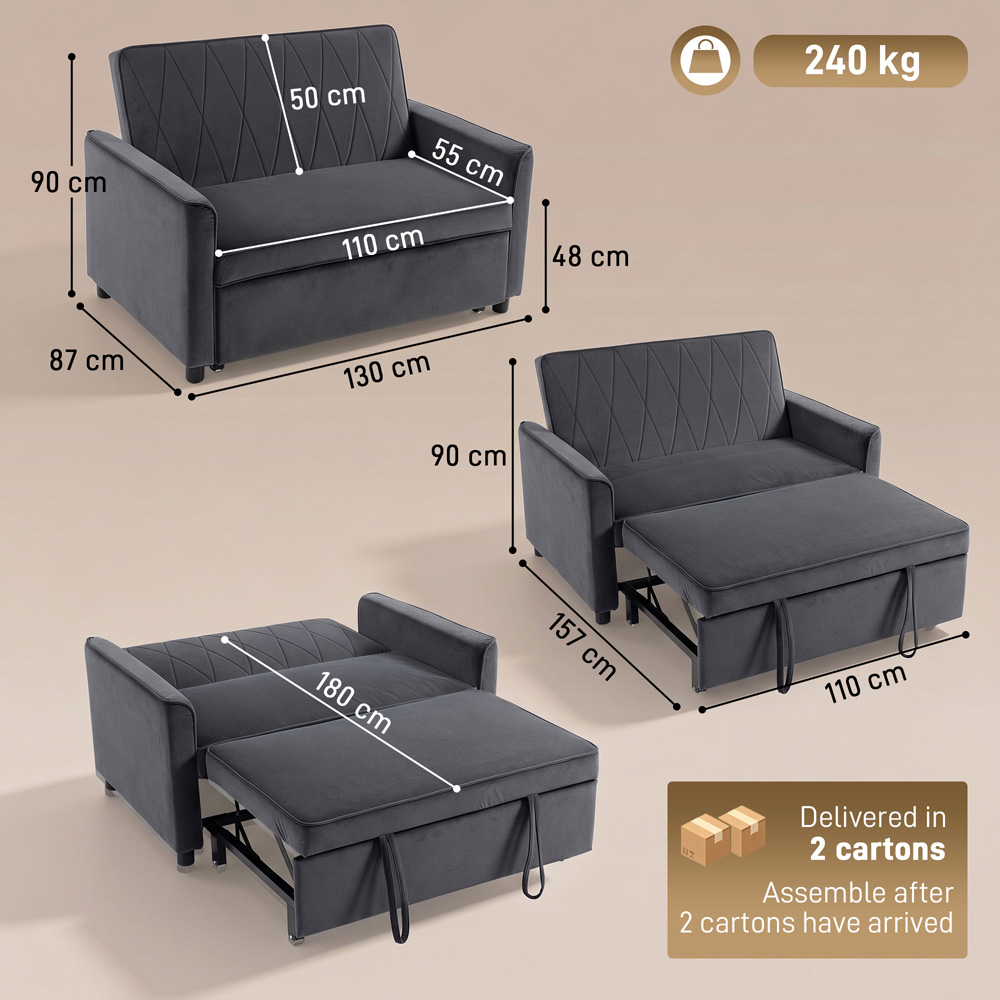 HOMCOM 3-in-1 2 Seater Dark Grey Velvet Pull Out Sofa Bed Image 8