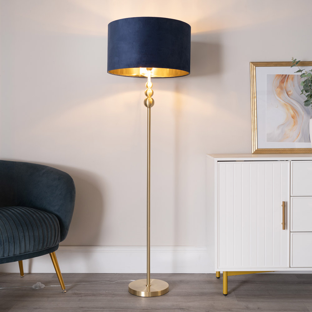 ValueLight Marissa Navy Blue Velvet Gold Inner Shade Gold Stacked Ball LED Floor Lamp Image 3