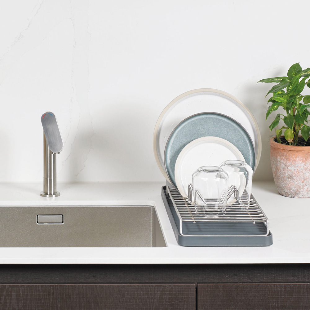 ReBorn Dark Grey Compact Kitchen Draining Rack with Cutlery Holder Image 7