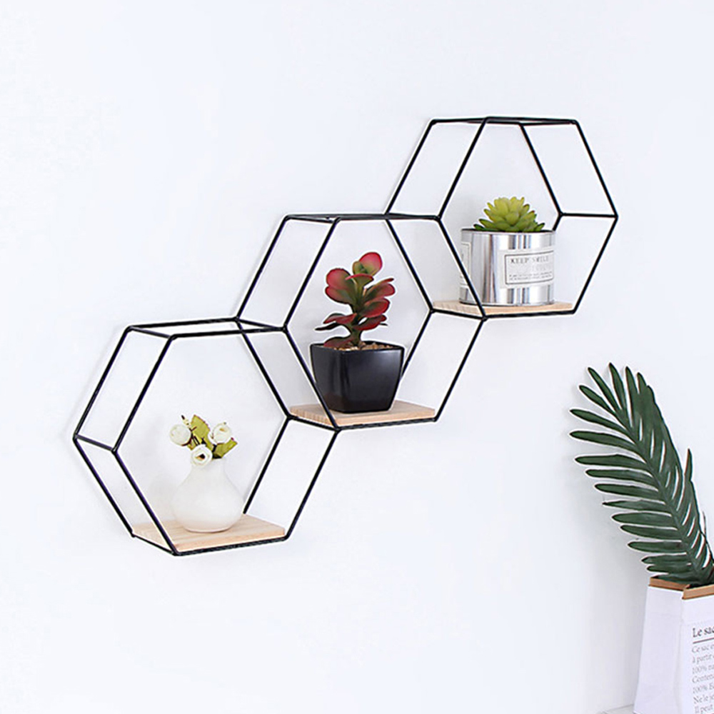 Living and Home 3 Compartment Hexagon Wall Shelf with Iron Frame Image 2