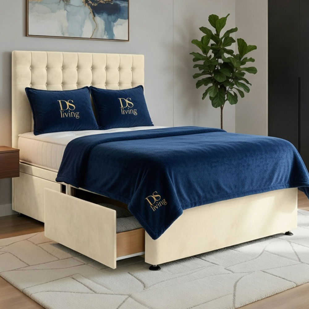 DS Living Casia Single Cream Plush Velvet Divan Bed with 2 Drawer Image 1