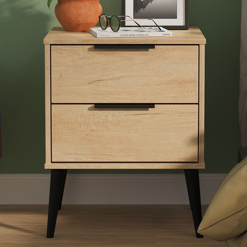 Crowndale Hong Kong 2 Drawer Nebraska Oak Compact Bedside Cabinet Ready Assembled Image 1