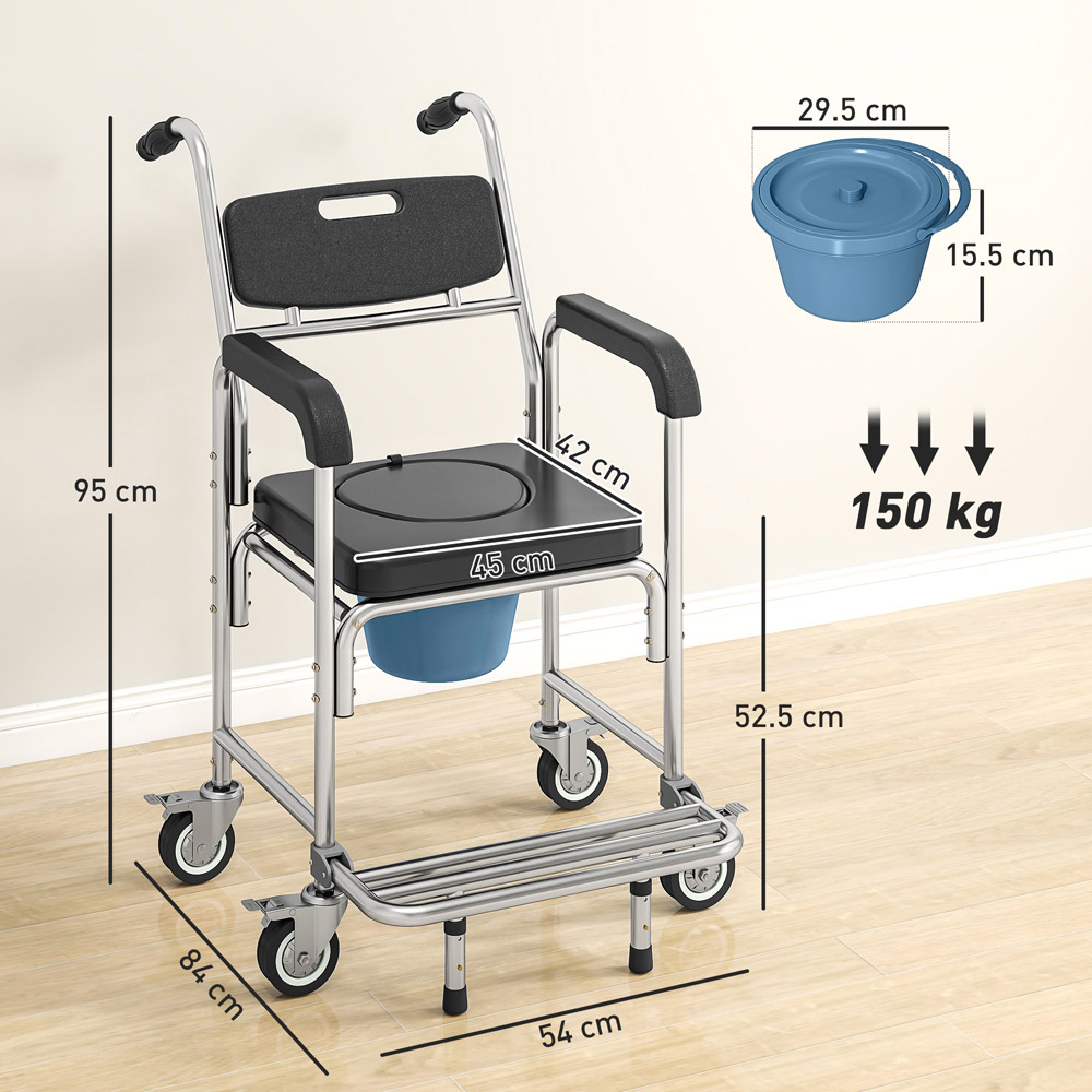 HOMCOM Black Transport Beside Shower Chair with Wheels and Padded Seat Image 9
