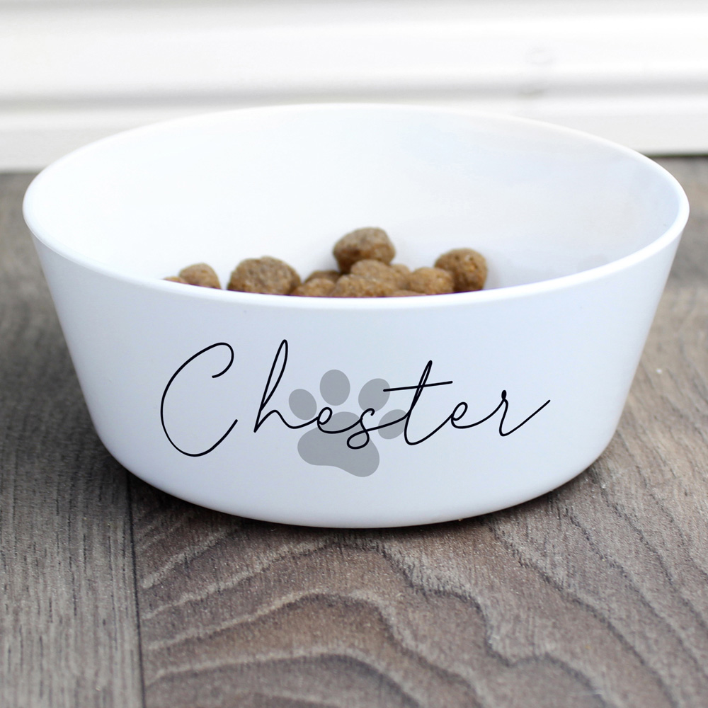 Personalised Memento Grey Pawprint Plastic Cat Bowl Image 2
