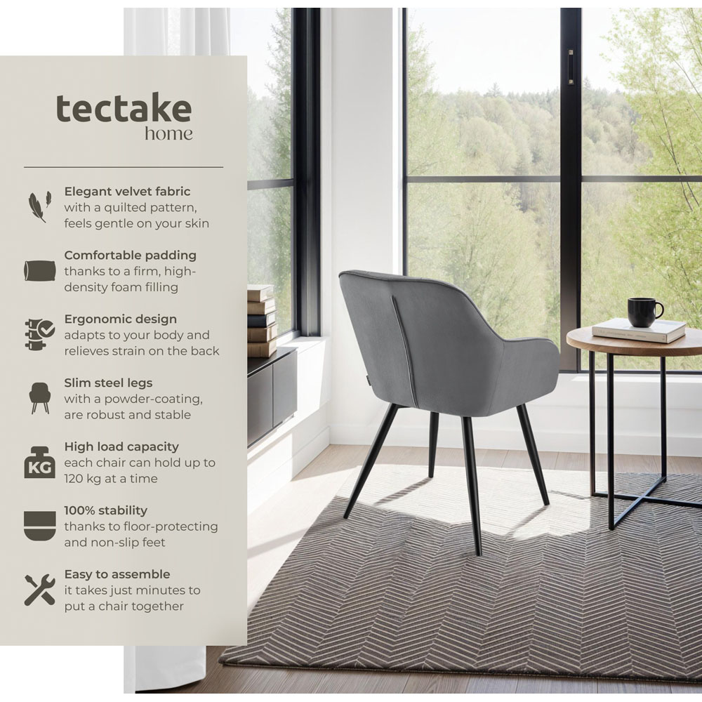 tectake Marilyn Grey and Black Quilted Velvet Dining Chair Image 6