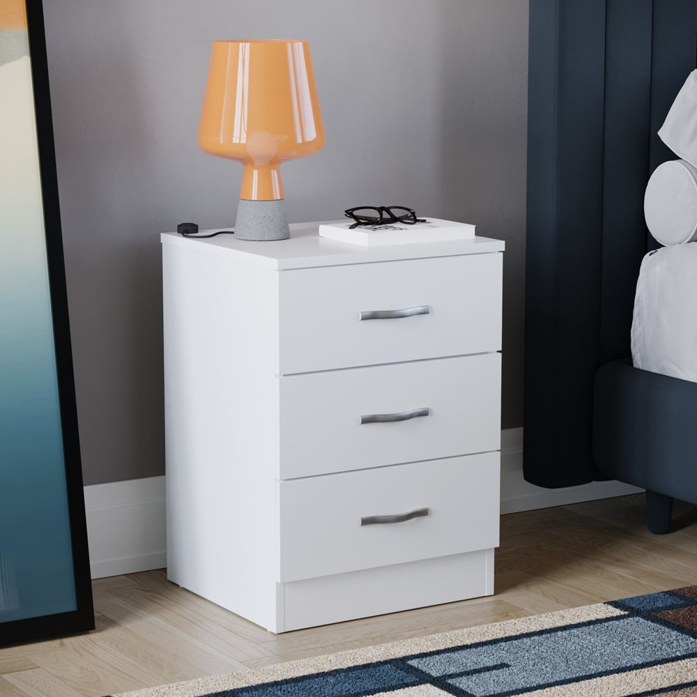 Vida Designs Riano 3 Drawer White Bedside Table Image 1