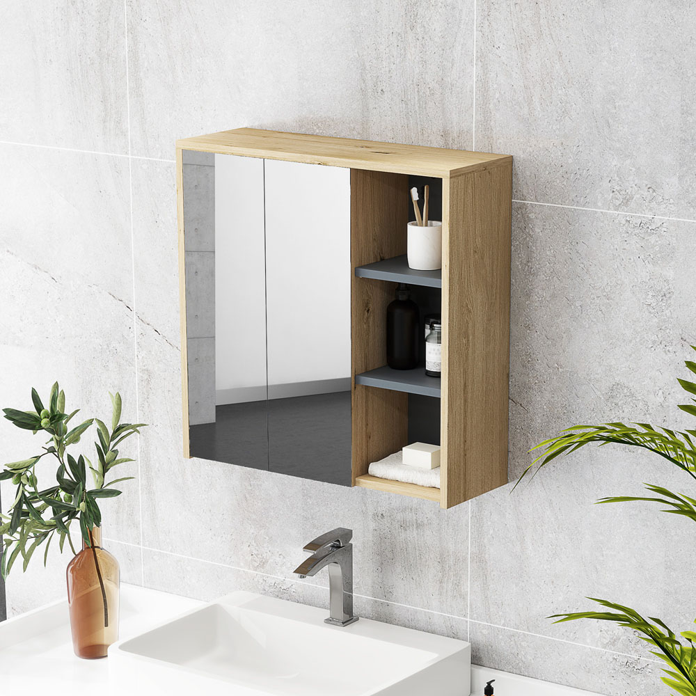 HOMCOM 2 Door 3 Shelf Natural Wall Mounted Mirror Bathroom Storage Cabinet Image 8