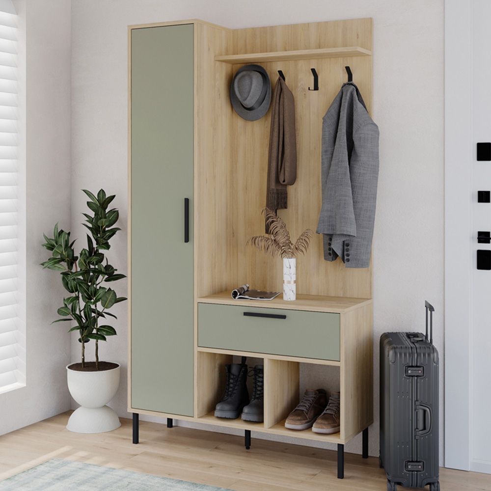 Decortie Acton Single Door Single Drawer Sapphire Oak Ash Green Entryway Coat Rack with Shoe Storage Image 1