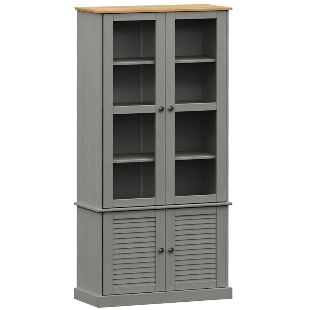 vidaXL 4 Door 4 Shelf Grey Solid Pine Wood Glass Display Cabinet Image 2