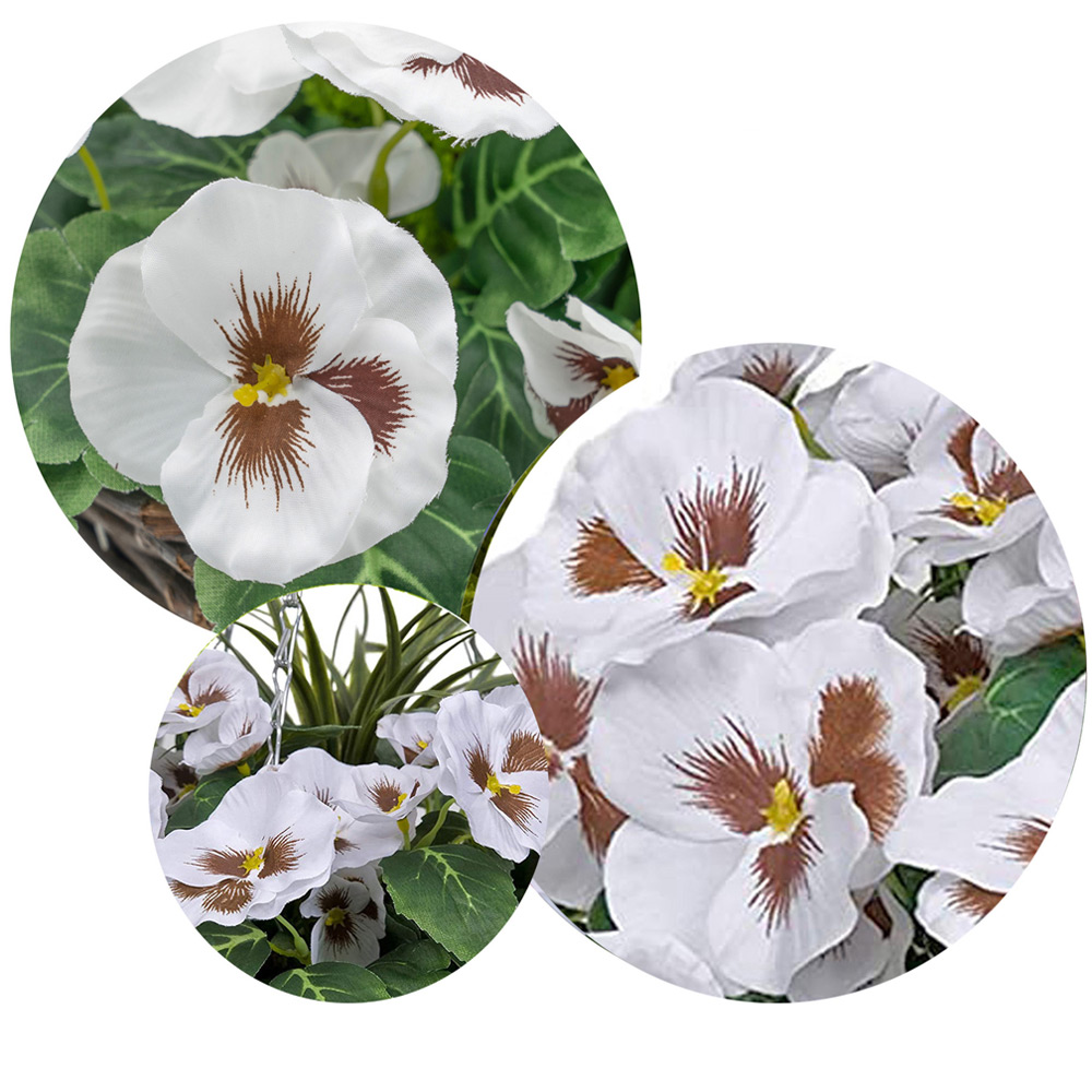 GreenBrokers Artificial White Pansies Round Rattan Hanging Plant Baskets 2 Pack Image 3