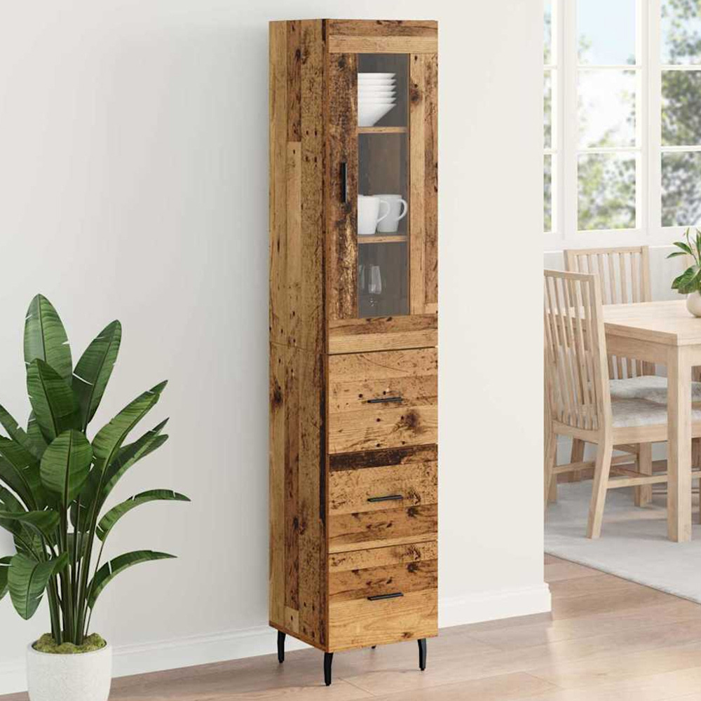 vidaXL Single Glass Door 3 Drawer Old Wood Slim Sideboard with Metal Legs Image 1
