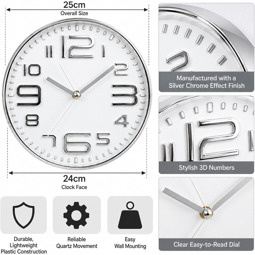Marco Paul Chrome Finish Round Wall Clock 25cm Image 5