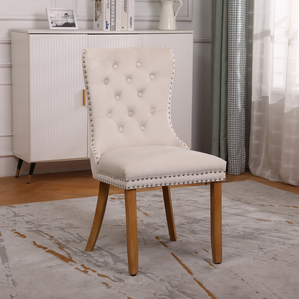 Neo Set of 2 Natural Studded Velvet Dining Chairs with Ring Knocker Detail Image 4
