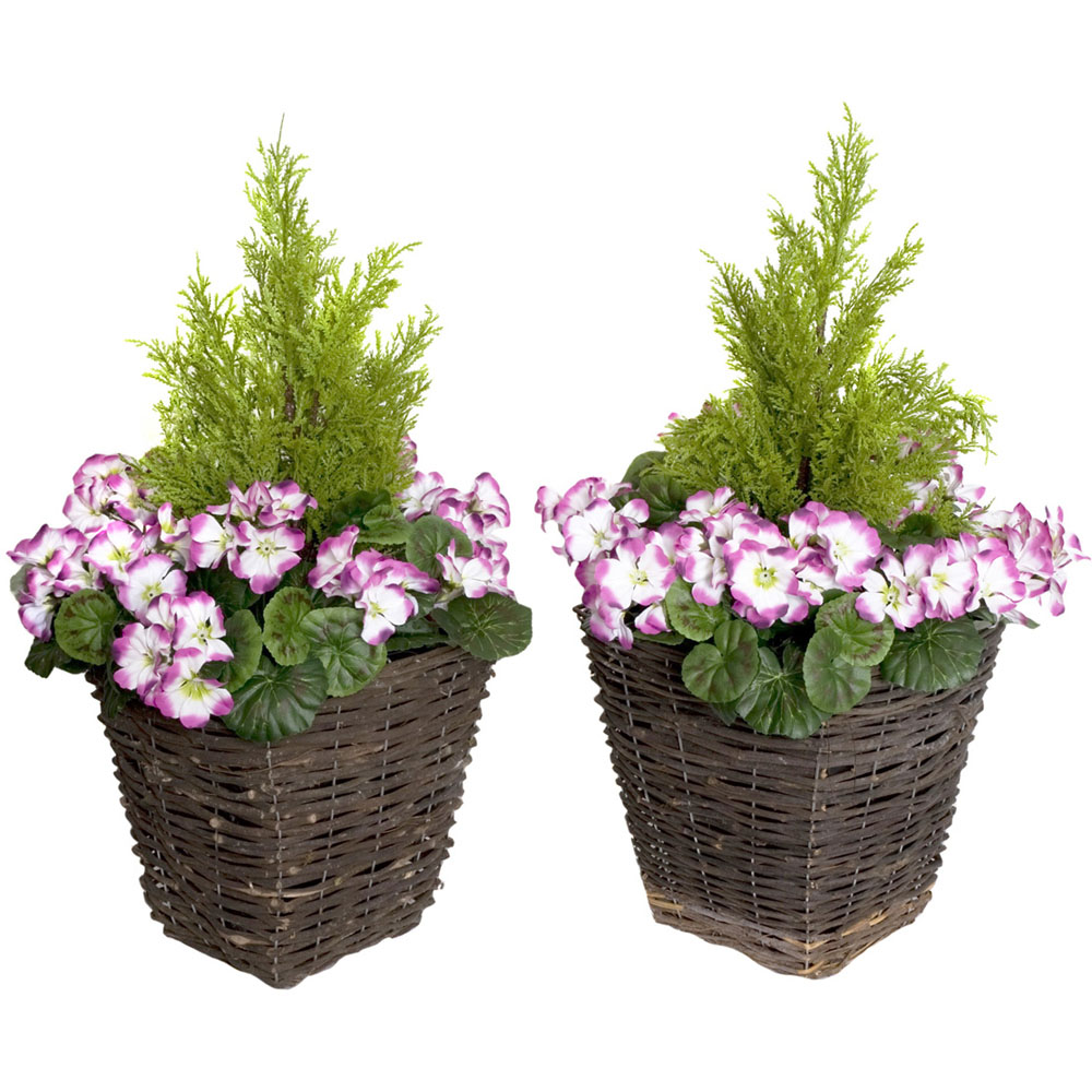 GreenBrokers Artificial Purple and White Geraniums Dark Rattan Planters 60cm 2 Pack Image 1