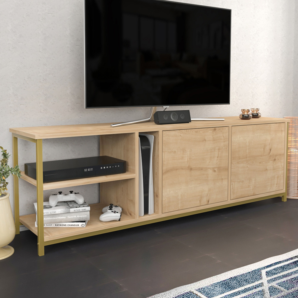 Decorotika Primrose 2 Door 3 Shelf Gold and Oak TV Stand for 72 inch TV Image 1