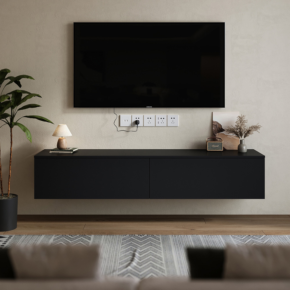 Living and Home 2 Door Black Wall Mounted Floating TV Unit Image 8
