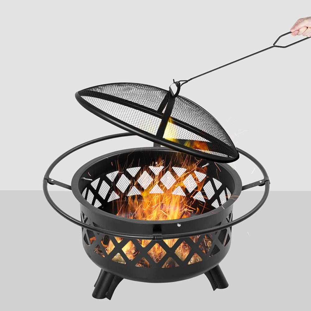 Outsunny Painted Steel Fire Pit BBQ with 3 Feet, Poker and Mesh Lid Image 5