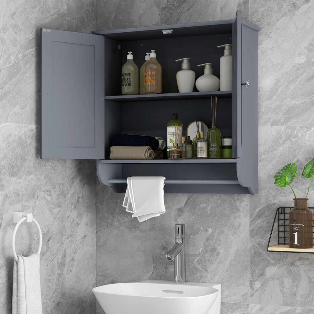 Costway 2 Door Grey Wall Mounted Bathroom Cabinet with Towel Rack Image 3