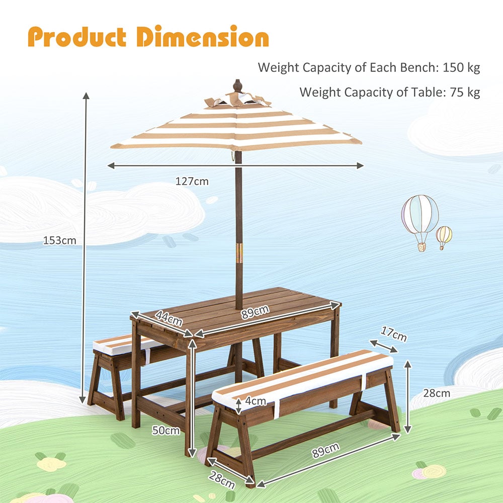 Costway Brown Kids Picnic Table and Bench Set with Umbrella Image 9