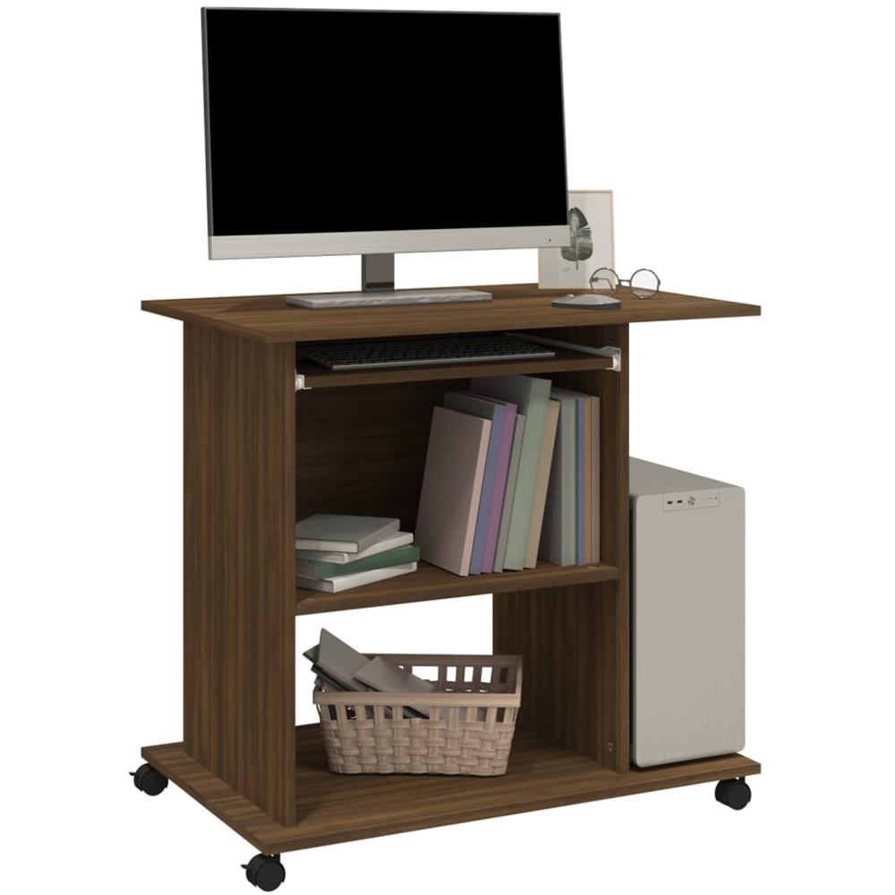 vidaXL 3 Shelf Wheeled Computer Desk with Keyboard Tray Brown Oak Image 3