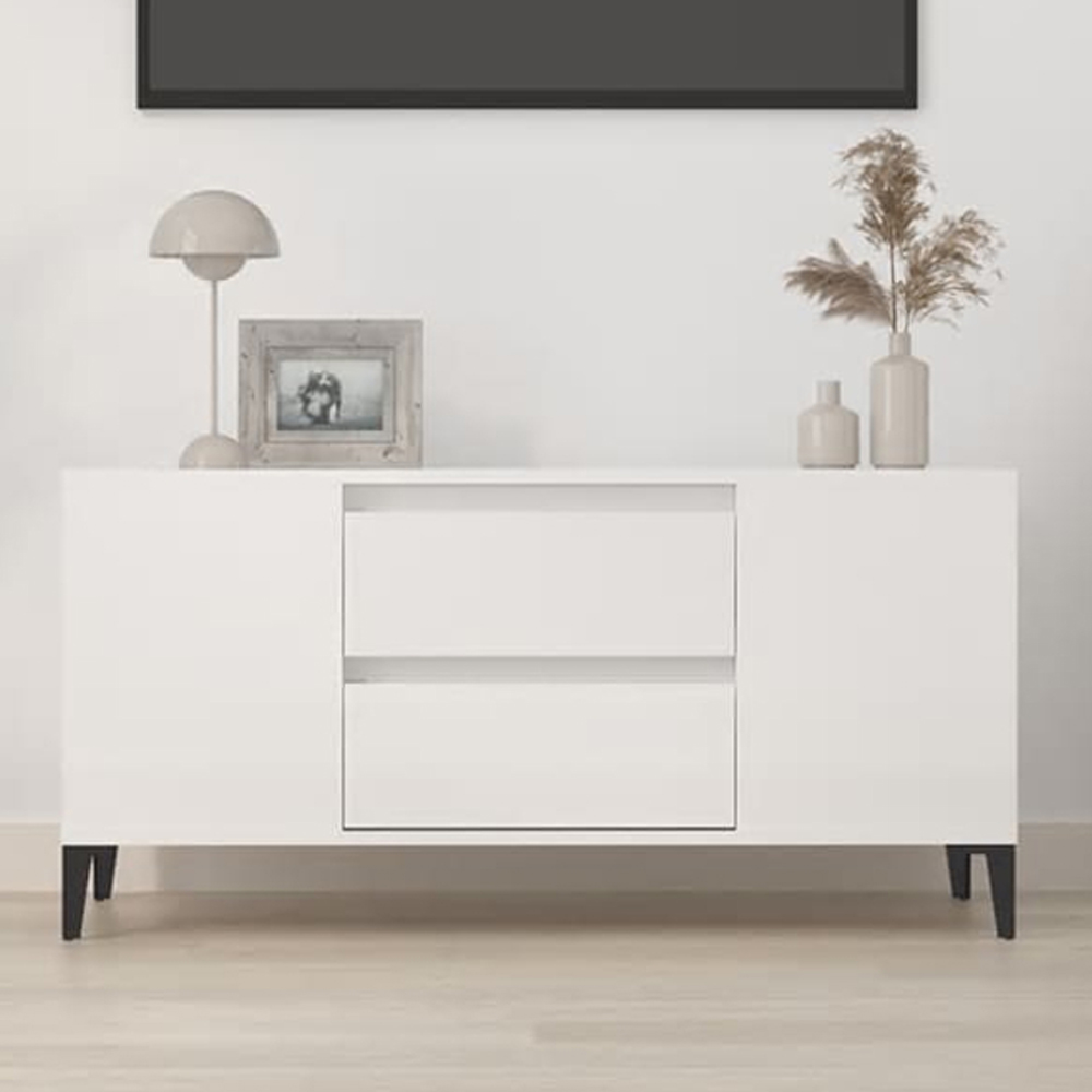 vidaXL 2 Drawer 4 Shelf High Gloss White TV Cabinet Image 1