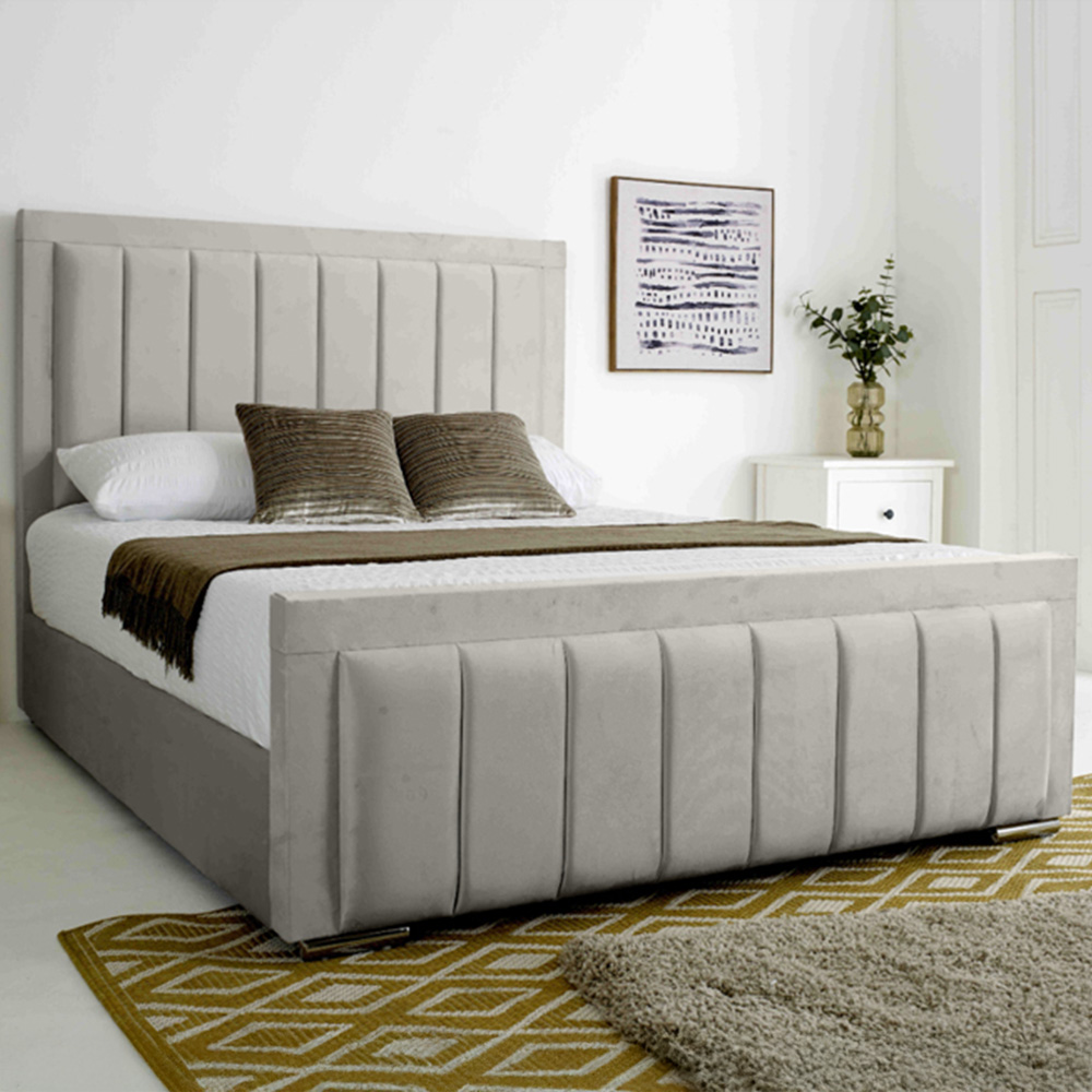 Eleganza Stylus Super King Size Silver Plush Velvet Bed Frame with Lined Headboard and Footboard Image 1