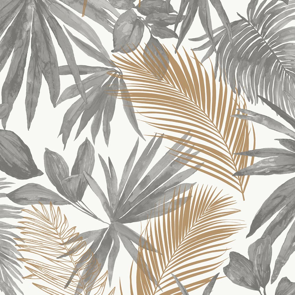 Grandeco Wild Palm Metallic Grey and Copper Textured Wallpaper Image 1