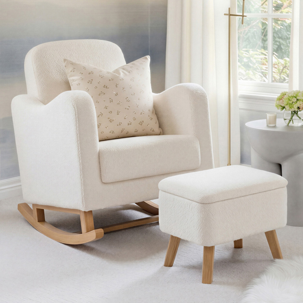 Bebe & Beyond Soother Off White Boucle Nursing Chair and Stool Image 1