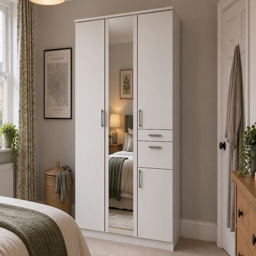 TJ'S Lyon 4 Door 2 Drawer White Wardrobe with Mirror Image 1