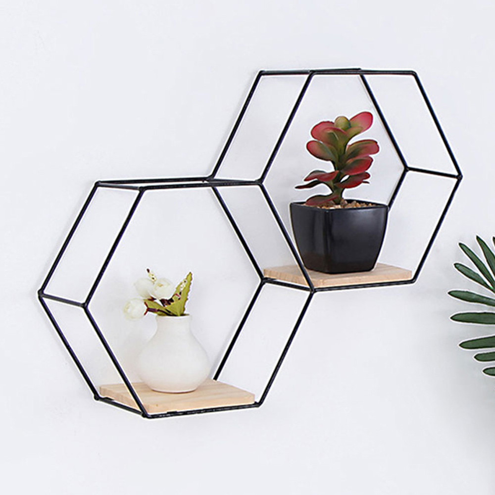 Living and Home 2 Compartment Hexagon Wall Shelf with Iron Frame Image 2