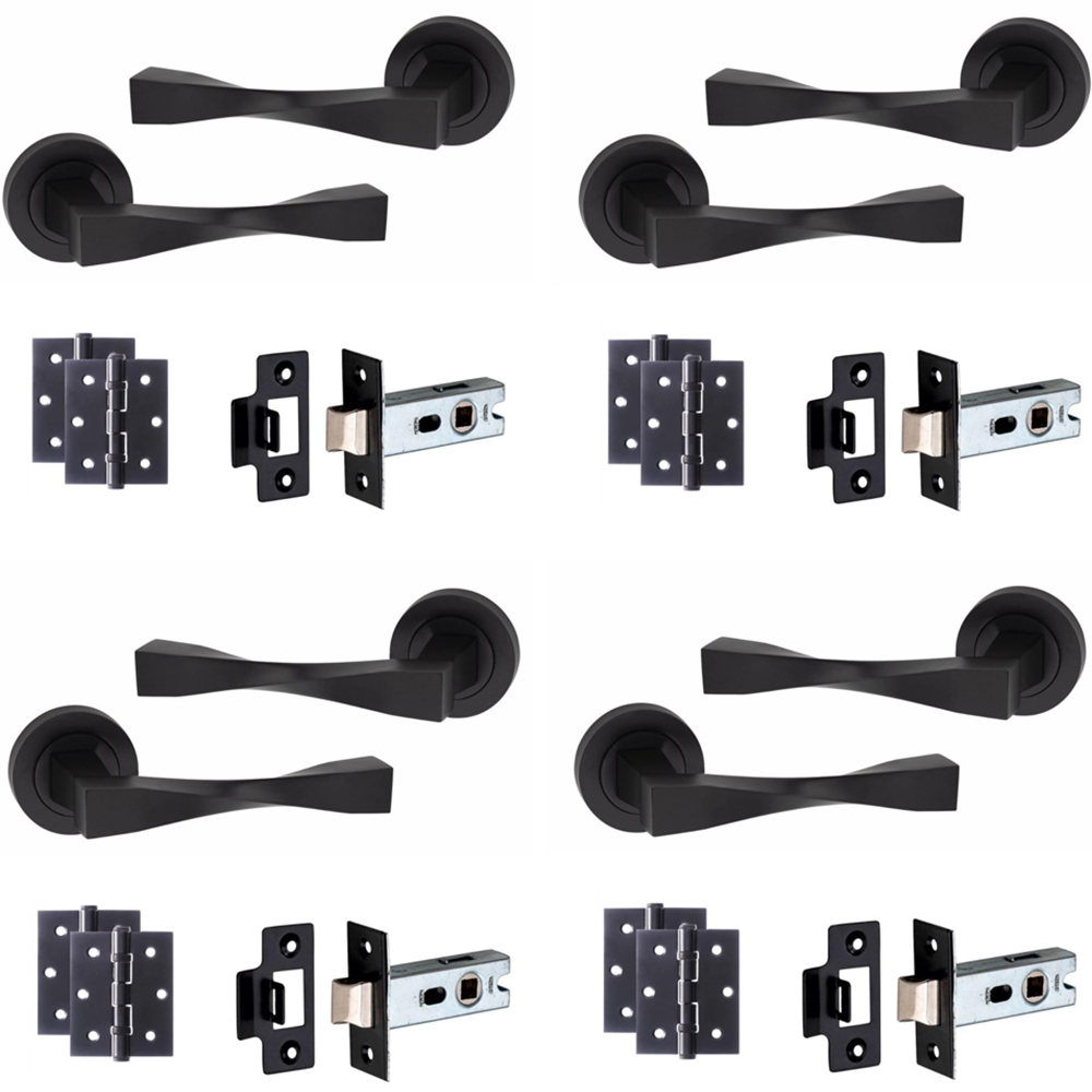 Golden Grace Matt Black Straight Astrid Twist Latch Door Handle Pair with Latch and Hinges 52mm 4 Pack Image 1