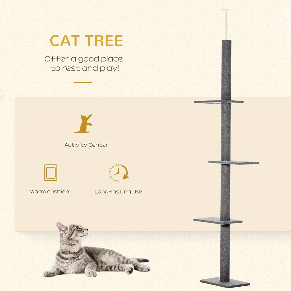 PawHut 260cm Grey Floor To Ceiling Cat Tree Kitten Tower Image 4